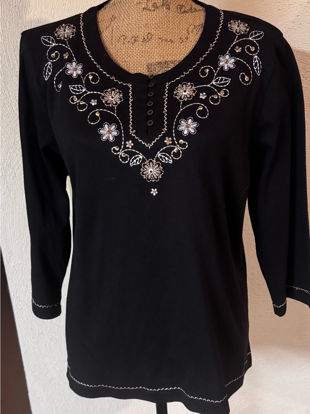 Alfred Dunner Black Long-Sleeve Top with Metallic Floral Embroidery